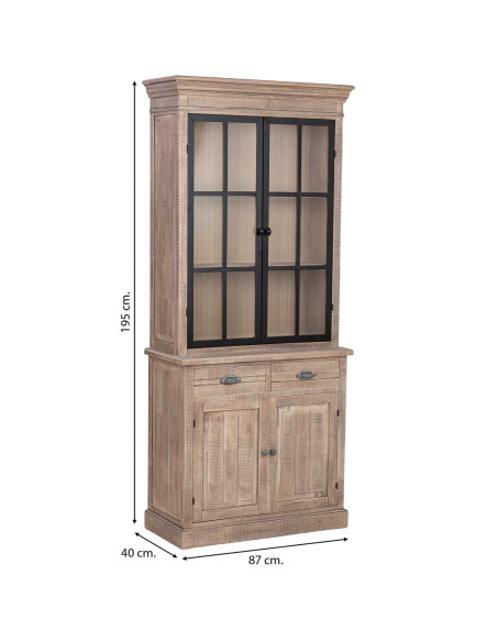 Vaisselier vitrine 4 portes 2 tiroirs hévéa brun 87x40x198 cm Ozabio  - 8