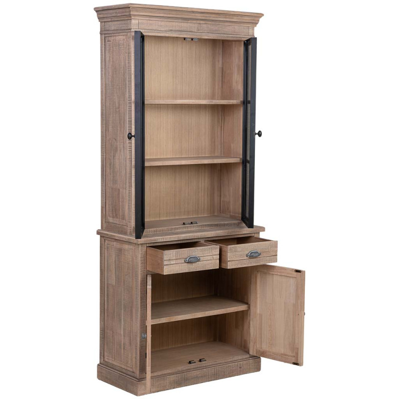 Vaisselier vitrine 4 portes 2 tiroirs hévéa brun 87x40x198 cm Ozabio  - 3