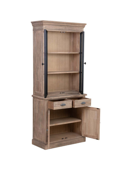 Vaisselier vitrine 4 portes 2 tiroirs hévéa brun 87x40x198 cm Ozabio  - 3