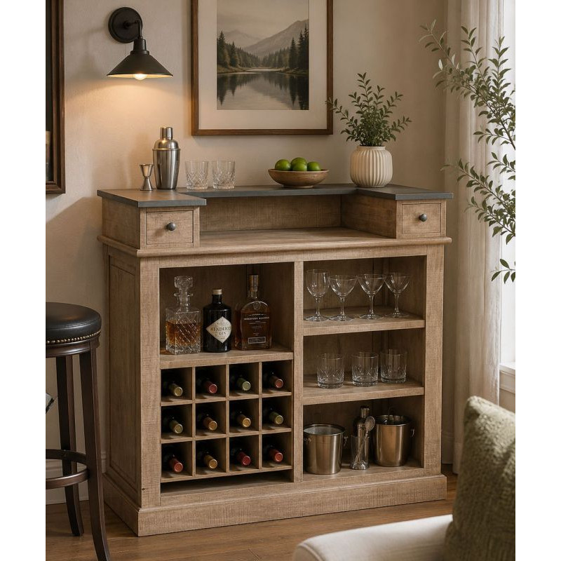 Meuble bar bois brun 2 tiroirs 101x50x120 cm Ozabio  - 2