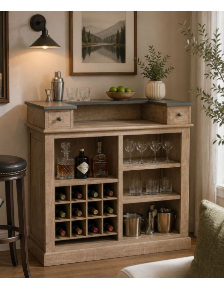 Meuble bar bois brun 2 tiroirs 101x50x120 cm Ozabio  - 2