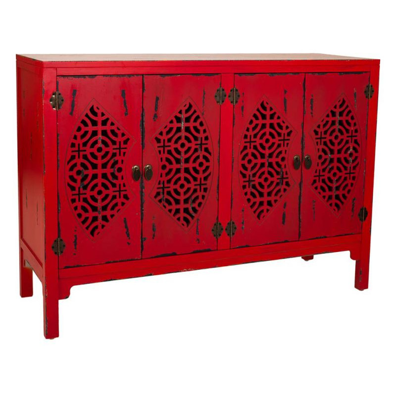 Buffet oriental 4 portes bois rouge antique 120x40x86,5 cm Liomio  - 1