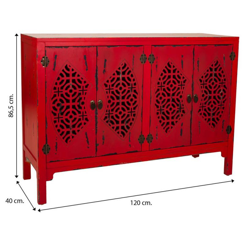Buffet oriental 4 portes bois rouge antique 120x40x86,5 cm Liomio  - 7
