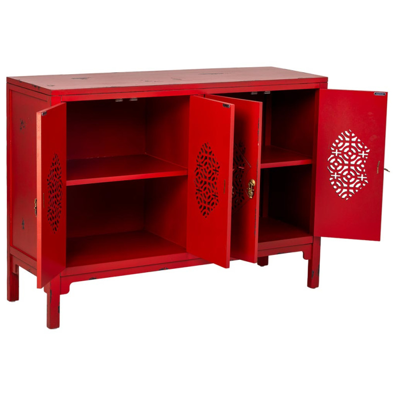 Buffet oriental 4 portes bois rouge antique 120x40x86,5 cm Liomio  - 2