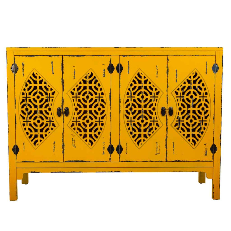 Buffet oriental 4 portes bois jaune moutarde 120x40x86,5 cm Liomio  - 3