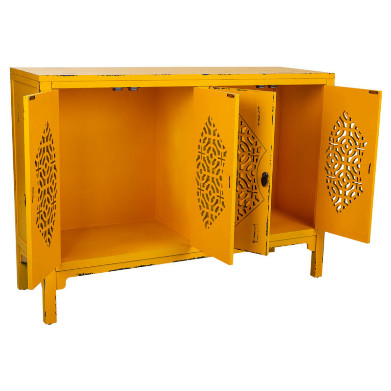 Buffet oriental 4 portes bois jaune moutarde 120x40x86,5 cm Liomio  - 4