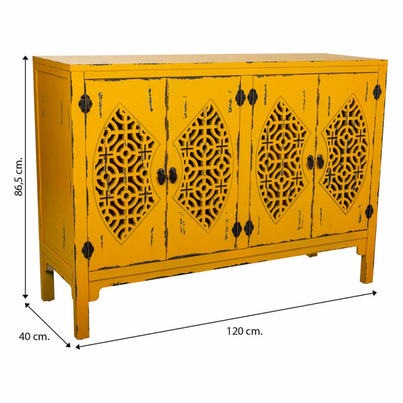 Buffet oriental 4 portes bois jaune moutarde 120x40x86,5 cm Liomio  - 9
