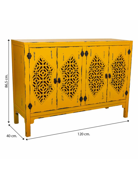 Buffet oriental 4 portes bois jaune moutarde 120x40x86,5 cm Liomio  - 9