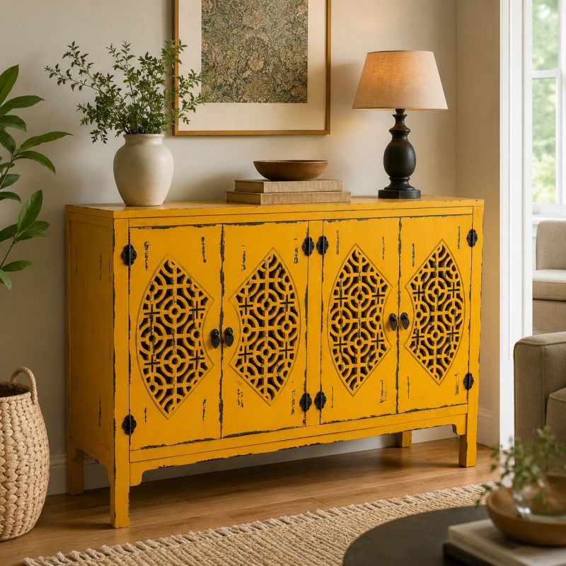 Buffet oriental 4 portes bois jaune moutarde 120x40x86,5 cm Liomio  - 2