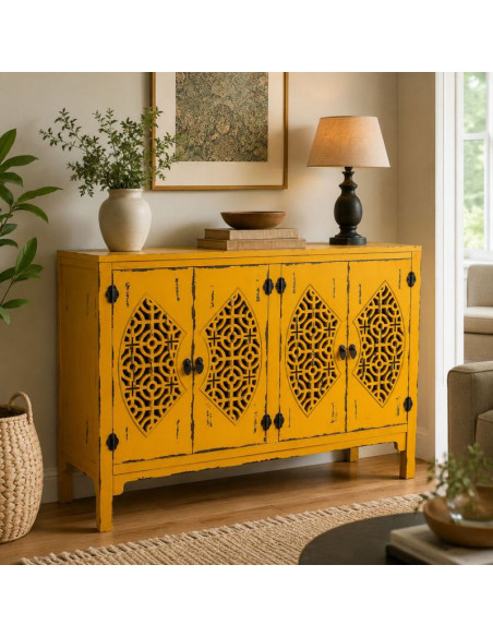 Buffet oriental 4 portes bois jaune moutarde 120x40x86,5 cm Liomio  - 2