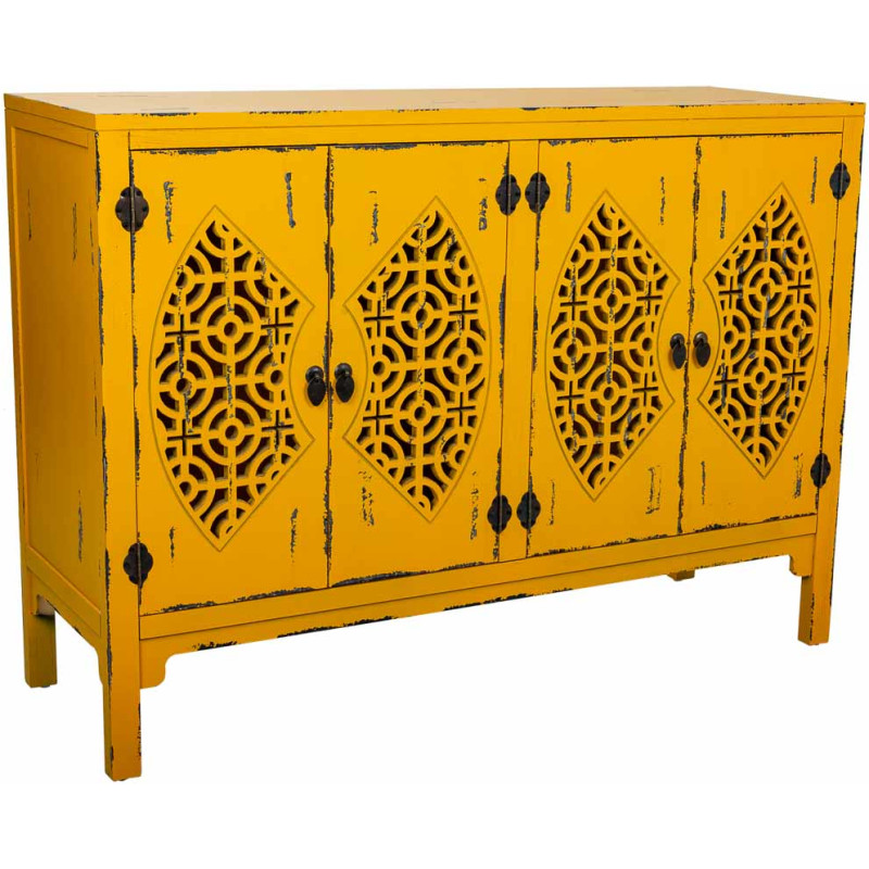 Buffet oriental 4 portes bois jaune moutarde 120x40x86,5 cm Liomio  - 1