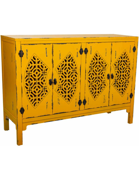 Buffet oriental 4 portes bois jaune moutarde 120x40x86,5 cm Liomio  - 1