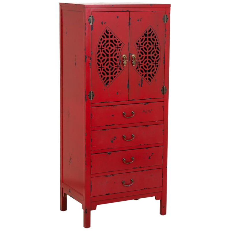 Armoire chinoise bois et MDF rouge antique 60x40x140 cm Liomio  - 1
