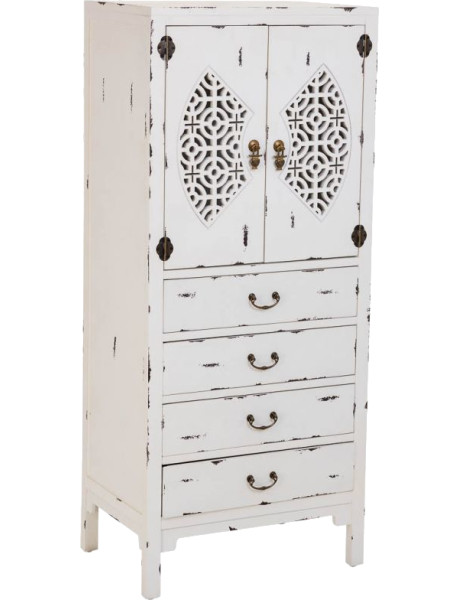 Armoire chinoise blanche 2 portes 4 tiroirs bois et MDF 60x40x140 cm Liomio  - 1