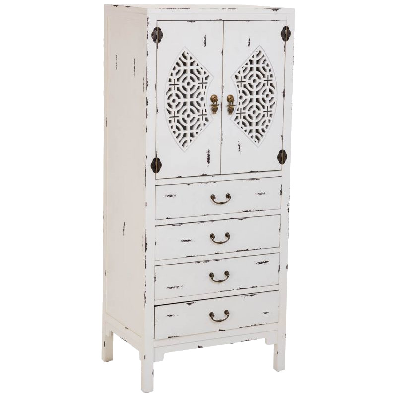 Armoire chinoise blanche 2 portes 4 tiroirs bois et MDF 60x40x140 cm Liomio  - 1