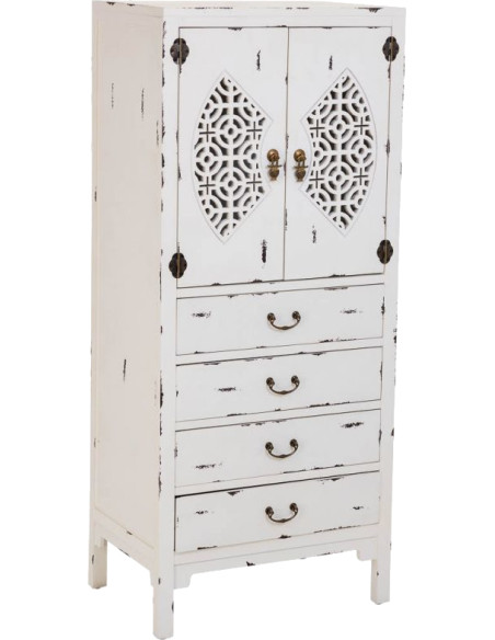 Armoire chinoise blanche 2 portes 4 tiroirs bois et MDF 60x40x140 cm Liomio  - 1