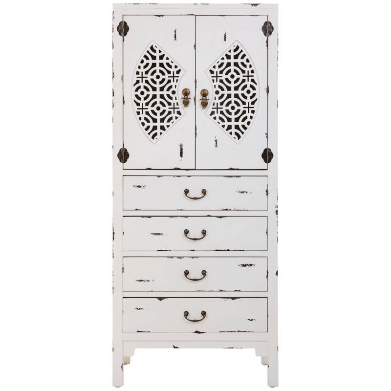 Armoire chinoise blanche 2 portes 4 tiroirs bois et MDF 60x40x140 cm Liomio  - 3