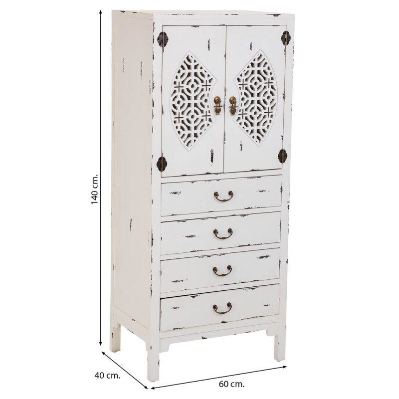 Armoire chinoise blanche 2 portes 4 tiroirs bois et MDF 60x40x140 cm Liomio  - 9