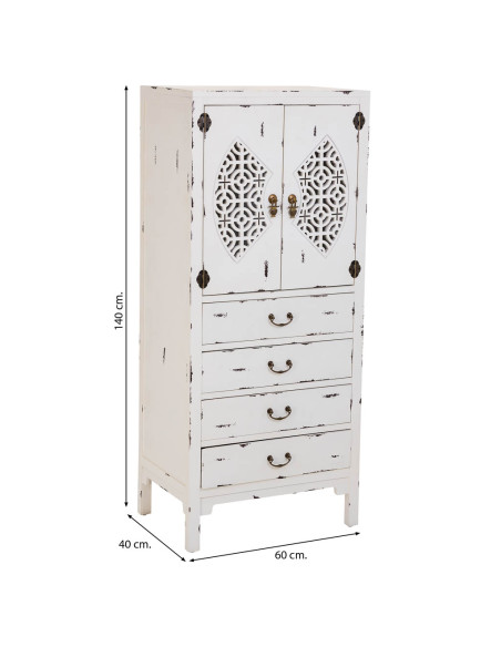 Armoire chinoise blanche 2 portes 4 tiroirs bois et MDF 60x40x140 cm Liomio  - 9