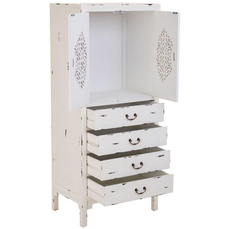 Armoire chinoise blanche 2 portes 4 tiroirs bois et MDF 60x40x140 cm Liomio  - 4