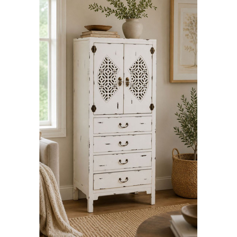 Armoire chinoise blanche 2 portes 4 tiroirs bois et MDF 60x40x140 cm Liomio  - 2
