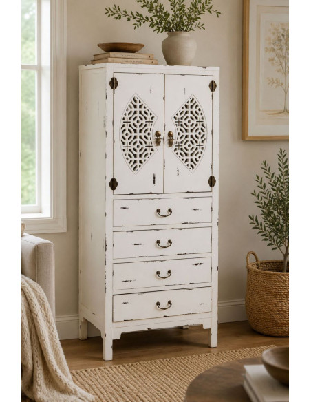 Armoire chinoise blanche 2 portes 4 tiroirs bois et MDF 60x40x140 cm Liomio  - 2