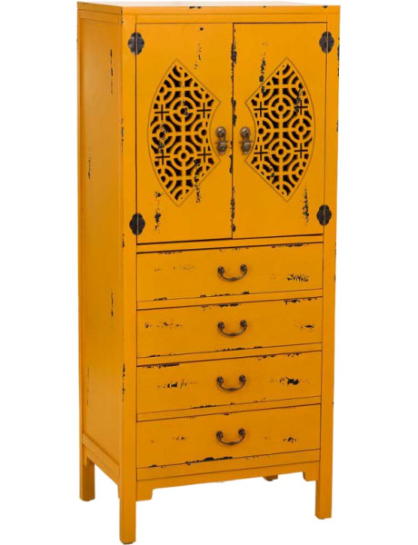 Armoire chinoise jaune moutarde bois 2 portes 4 tiroirs 60x40x140 cm Liomio  - 1