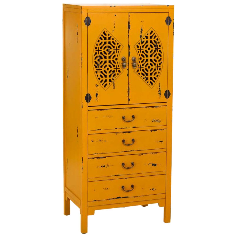 Armoire chinoise jaune moutarde bois 2 portes 4 tiroirs 60x40x140 cm Liomio  - 1