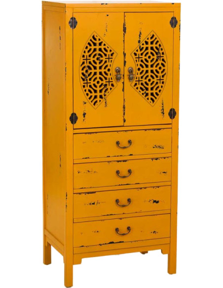 Armoire chinoise jaune moutarde bois 2 portes 4 tiroirs 60x40x140 cm Liomio  - 1