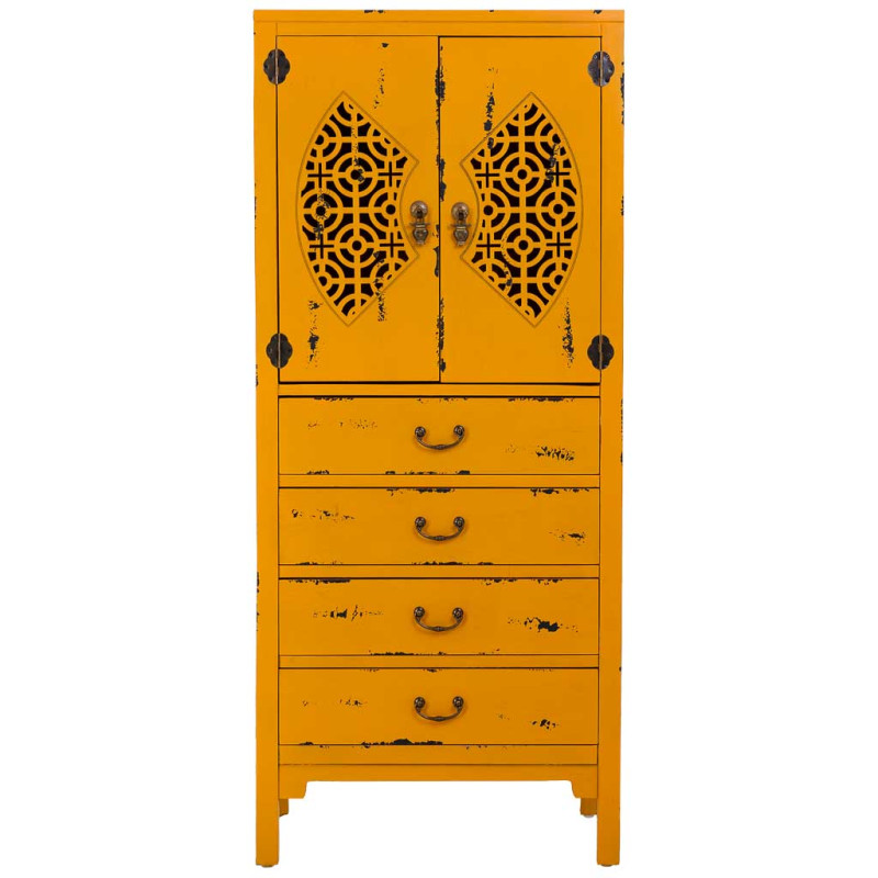 Armoire chinoise jaune moutarde bois 2 portes 4 tiroirs 60x40x140 cm Liomio  - 2