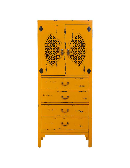 Armoire chinoise jaune moutarde bois 2 portes 4 tiroirs 60x40x140 cm Liomio  - 2