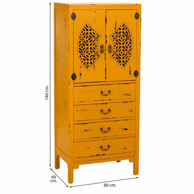 Armoire chinoise jaune moutarde bois 2 portes 4 tiroirs 60x40x140 cm Liomio  - 8