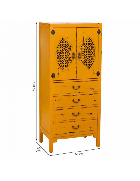 Armoire chinoise jaune moutarde bois 2 portes 4 tiroirs 60x40x140 cm Liomio  - 8