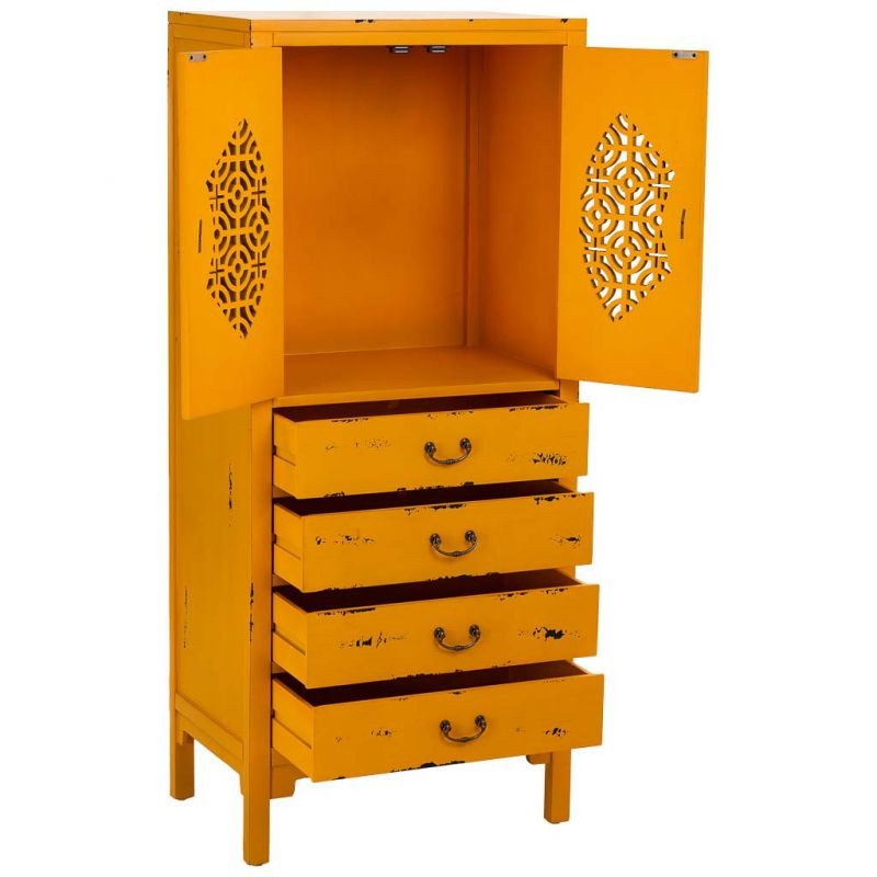 Armoire chinoise jaune moutarde bois 2 portes 4 tiroirs 60x40x140 cm Liomio  - 3