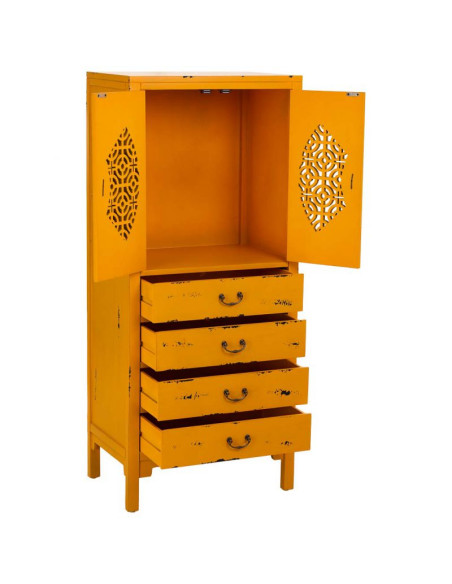 Armoire chinoise jaune moutarde bois 2 portes 4 tiroirs 60x40x140 cm Liomio  - 3