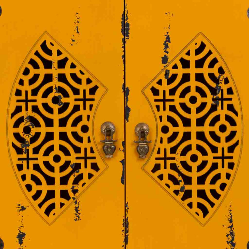 Armoire chinoise jaune moutarde bois 2 portes 4 tiroirs 60x40x140 cm Liomio  - 6