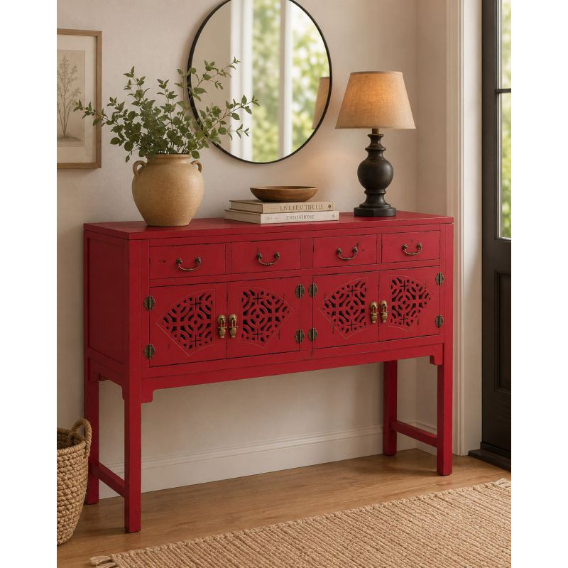 Console d’entrée chinoise rouge bois et MDF 120x40x102 cm Liomio  - 2
