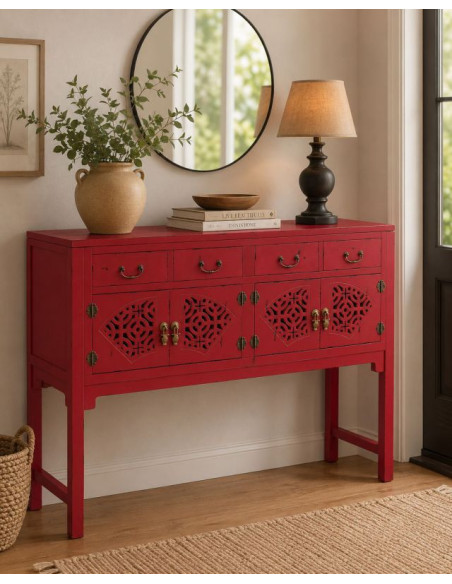 Console d’entrée chinoise rouge bois et MDF 120x40x102 cm Liomio  - 2