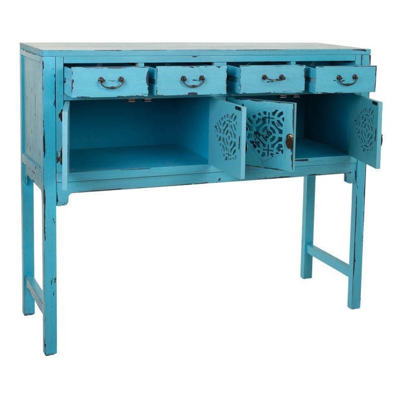 Console d’entrée chinoise bois et MDF bleu turquoise 120x40x102 cm Liomio  - 3
