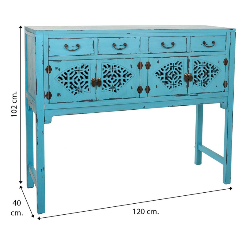 Console d’entrée chinoise bois et MDF bleu turquoise 120x40x102 cm Liomio  - 7