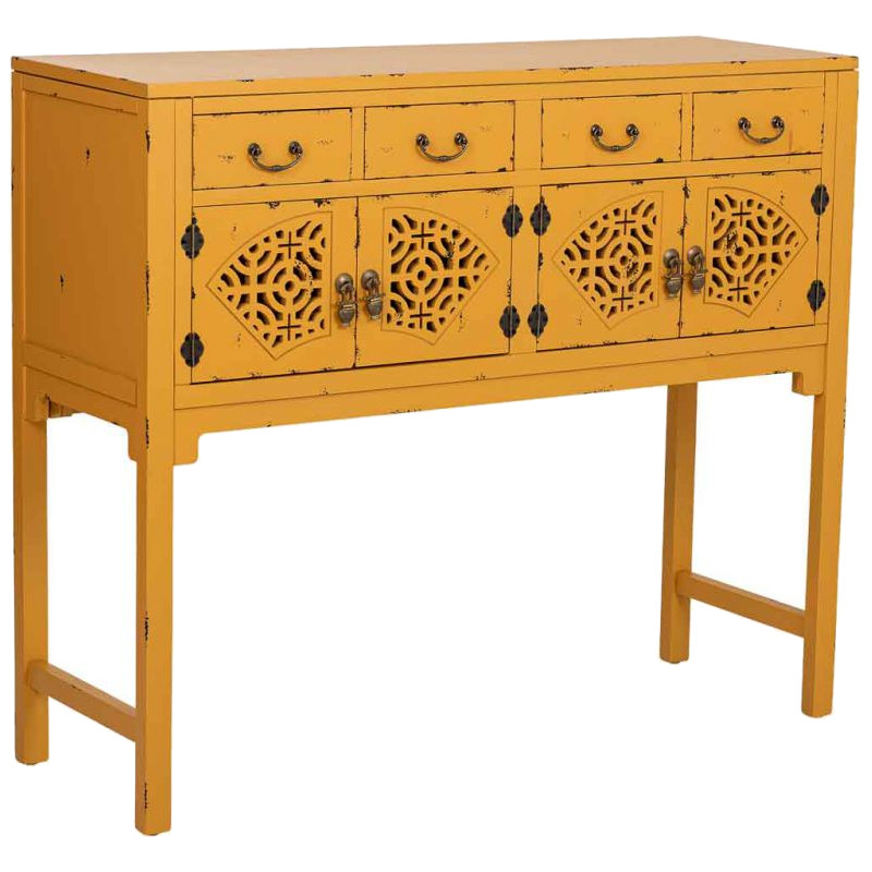Console d’entrée chinoise jaune moutarde en bois et MDF 120x40x102 cm Liomio  - 1