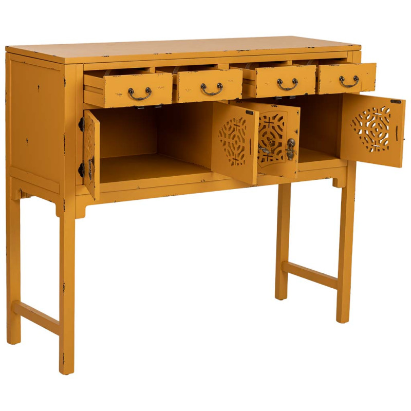 Console d’entrée chinoise jaune moutarde en bois et MDF 120x40x102 cm Liomio  - 3