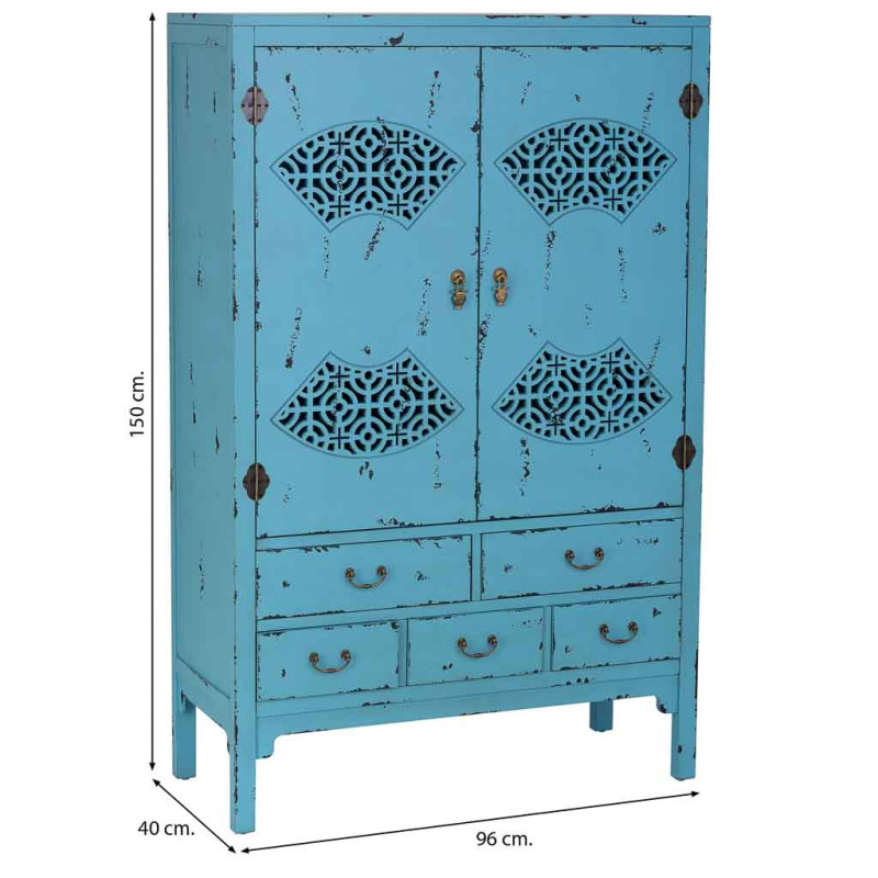 Armoire chinoise bleue bois et MDF 96x40x150 cm Liomio  - 8