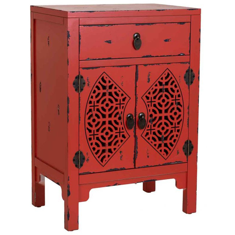 Table de chevet rouge patiné en bois de sapin et MDF 48x32x70 cm Liomio  - 1
