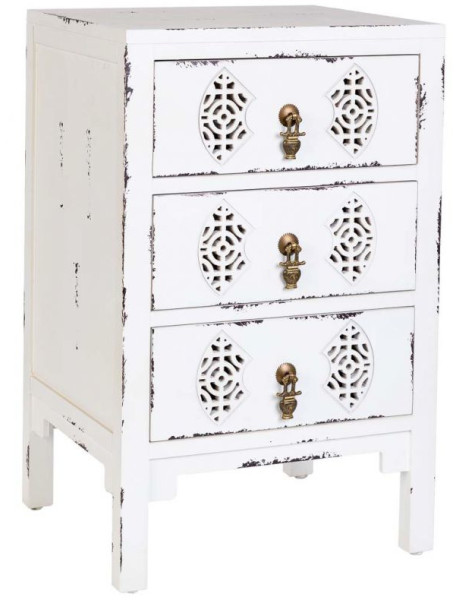 Table de chevet blanche patinée 3 tiroirs en sapin et MDF 45x36x70 cm Liomio  - 1