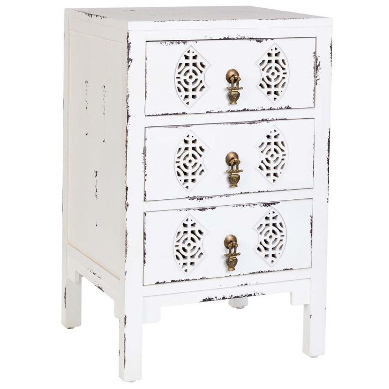 Table de chevet blanche patinée 3 tiroirs en sapin et MDF 45x36x70 cm Liomio  - 1
