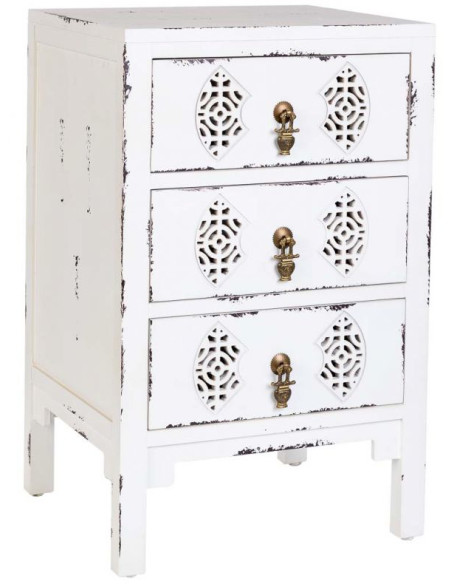 Table de chevet blanche patinée 3 tiroirs en sapin et MDF 45x36x70 cm Liomio  - 1