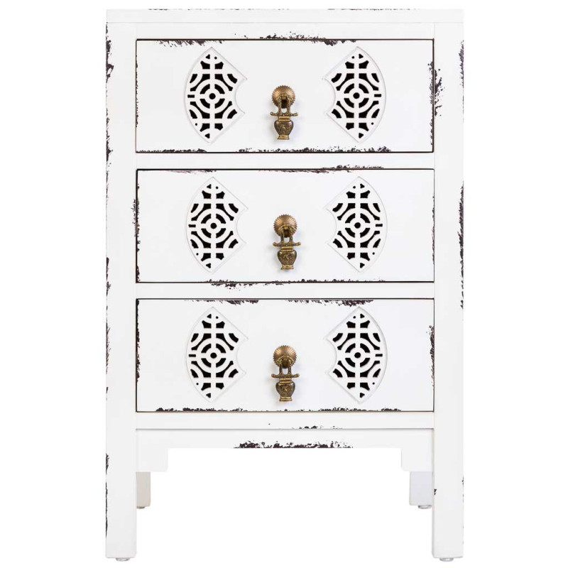 Table de chevet blanche patinée 3 tiroirs en sapin et MDF 45x36x70 cm Liomio  - 2