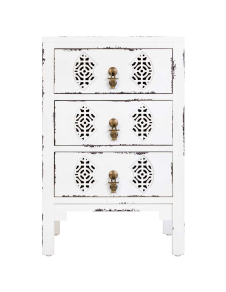 Table de chevet blanche patinée 3 tiroirs en sapin et MDF 45x36x70 cm Liomio  - 2