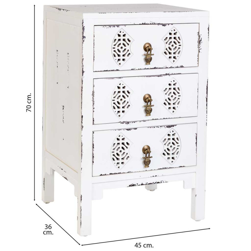 Table de chevet blanche patinée 3 tiroirs en sapin et MDF 45x36x70 cm Liomio  - 7